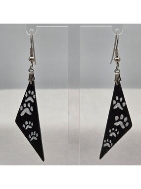 ✨2/$10✨ Handmade Black Wooden Triangle Earrings w/ White Paw Print Design